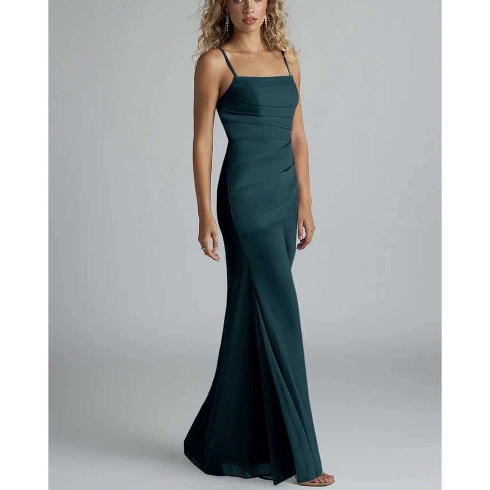 Azazie Teyana Womens Size A 20‎ Bridesmaid Maxi Dress Peacock Teal Blue Color